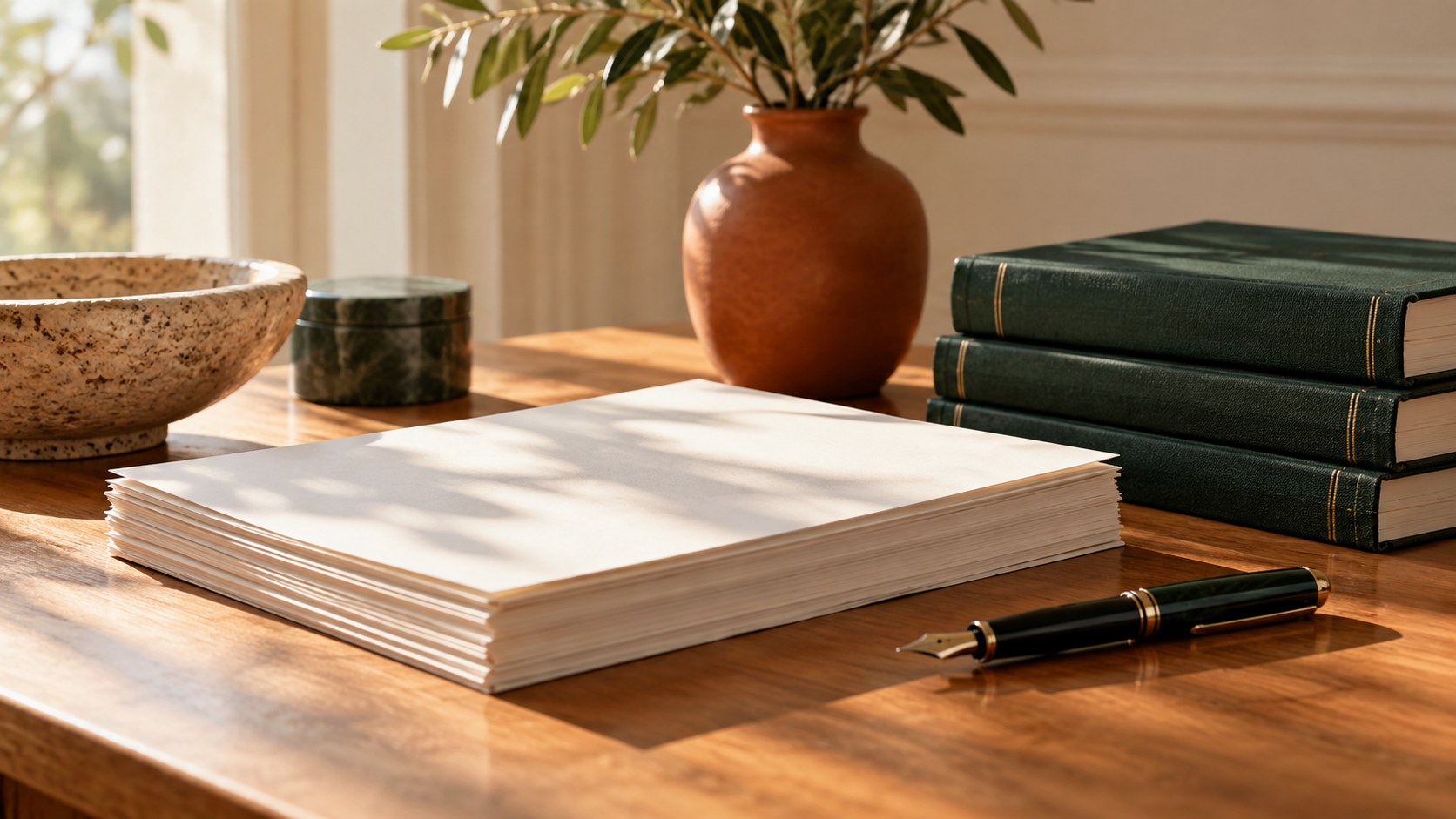 Documents, a fountain pen and books on a desk in warm daylight